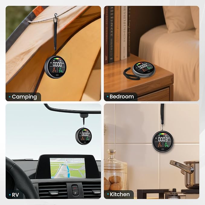Portable Carbon Monoxide Detector for Travel - 3-in-1 Rechargeable CO Monitor with Temp & Humidity Sensor, Loud Audible &