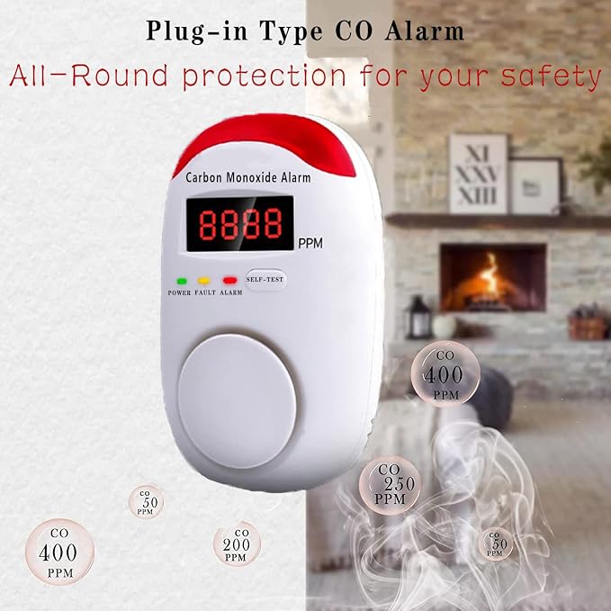 Portable Carbon Monoxide Detector for Travelc, Plug in Wall with LED Digital Display Voice Light Plug and Play - 2 PCS