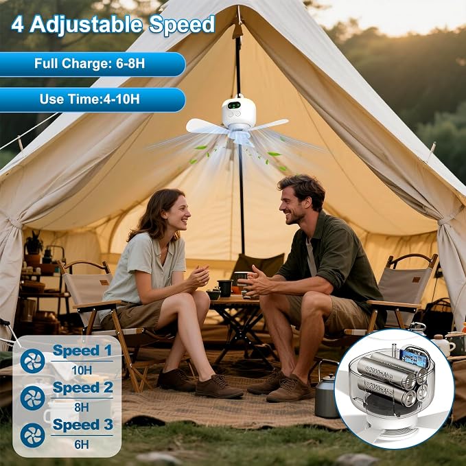 Portable Ceiling Fan for Tent,8000mAh Battery Operated Ceiling Fan,RV Fan Rechargeable,3 Detachable Blades,Auto Shut-off,4