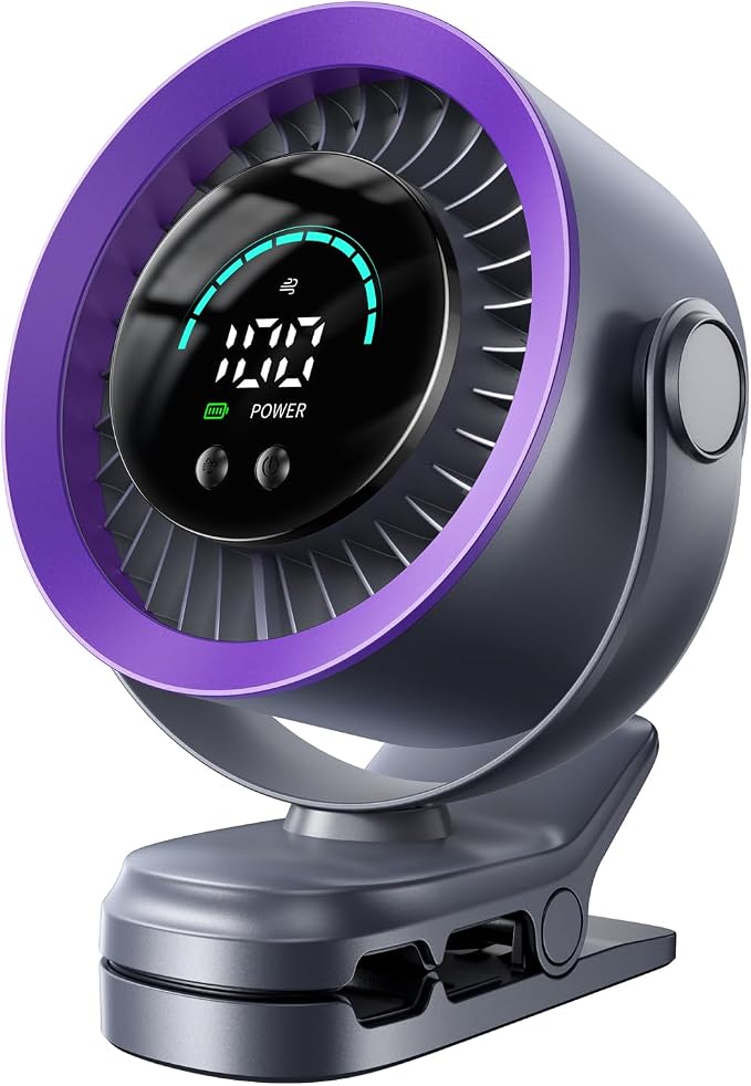 Portable Clip on Fan, 100-Speed Rechargeable USB Fan with LED Display, 360° Rotation & Strong Airflow Desk Fan, Up to 17