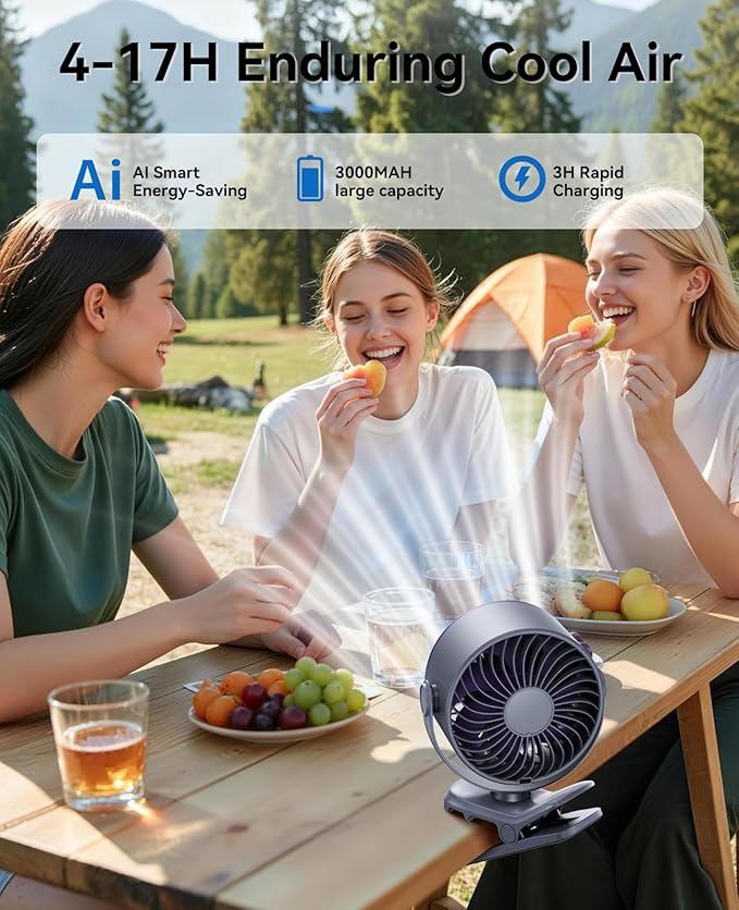 Portable Clip on Fan, 100-Speed Rechargeable USB Fan with LED Display, 360° Rotation & Strong Airflow Desk Fan, Up to 17