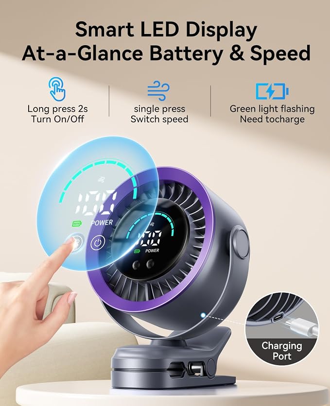 Portable Clip on Fan, 100-Speed Rechargeable USB Fan with LED Display, 360° Rotation & Strong Airflow Desk Fan, Up to 17