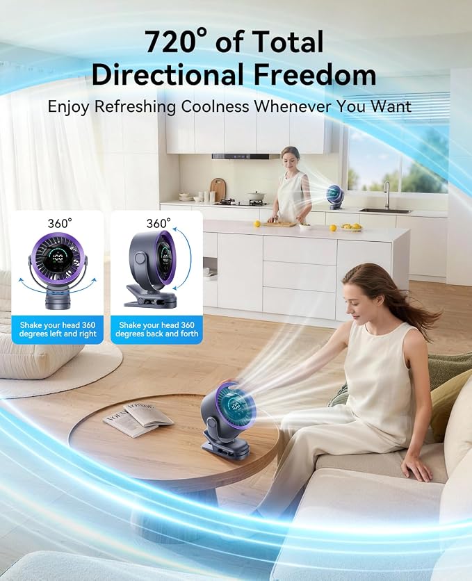 Portable Clip on Fan, 100-Speed Rechargeable USB Fan with LED Display, 360° Rotation & Strong Airflow Desk Fan, Up to 17