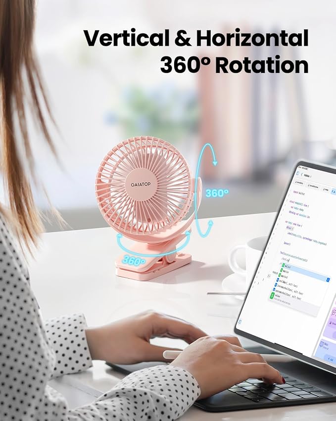 Portable Clip on Fan Battery Operated, Small Powerful 3 Speed Quiet 360° Rotate, USB Rechargeable Mini Personal Cooling Fan