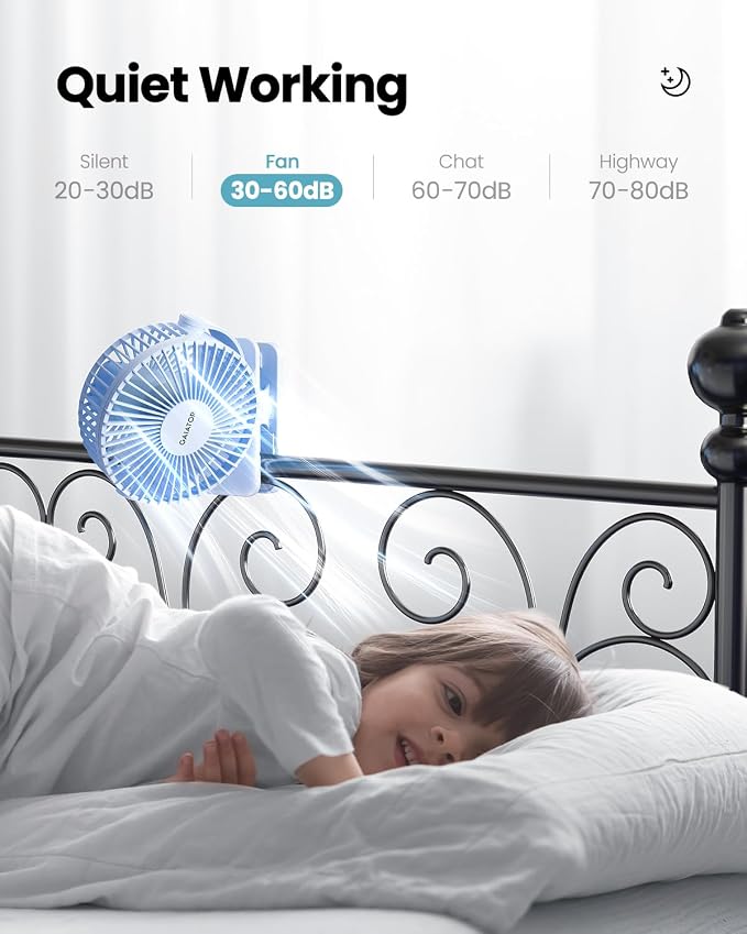 Portable Clip on Fan Battery Operated, Small Powerful 3 Speed Quiet 360° Rotate, USB Rechargeable Mini Personal Cooling Fan