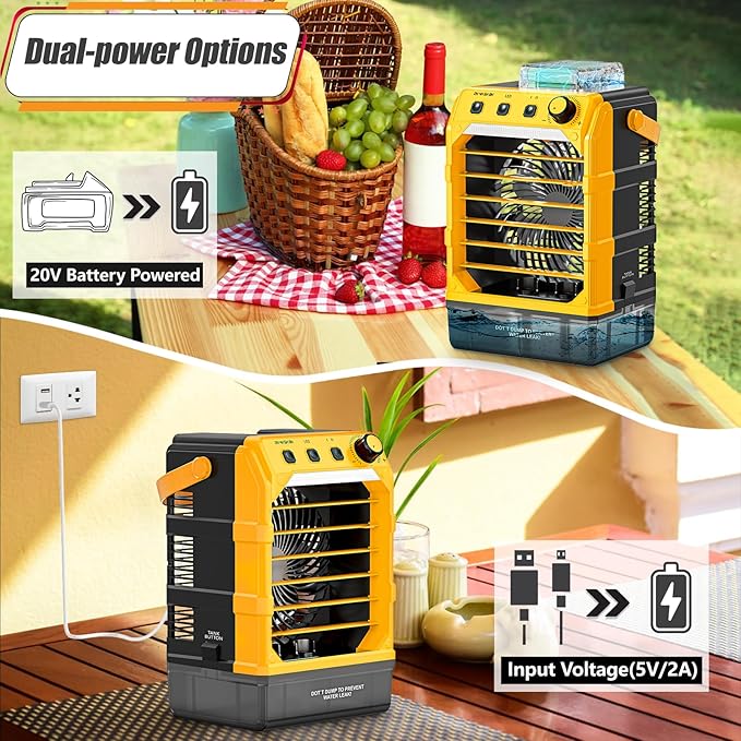 Portable Cooling Fan Compatible for 20V 60V Battery(No Battery) w/USB Input Powered, Outdoor Camping Fan w/Mist