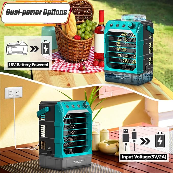 Portable Cooling Fan Compatible for Makita 18V Battery(No Battery) w/USB Input Powered, Outdoor Camping Fan w/Mist, Timing