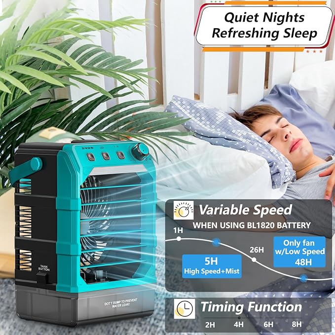 Portable Cooling Fan Compatible for Makita 18V Battery(No Battery) w/USB Input Powered, Outdoor Camping Fan w/Mist, Timing