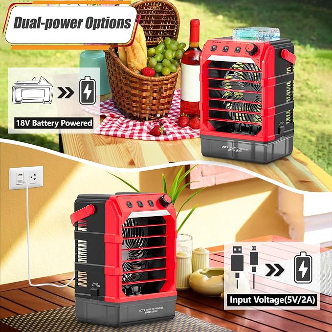 Portable Cooling Fan Compatible for 18V Battery(No Battery) w/USB Input Powered, Outdoor Camping Fan w/Mist, Timing