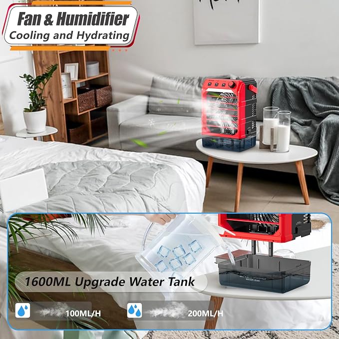 Portable Cooling Fan Compatible for 18V Battery(No Battery) w/USB Input Powered, Outdoor Camping Fan w/Mist, Timing