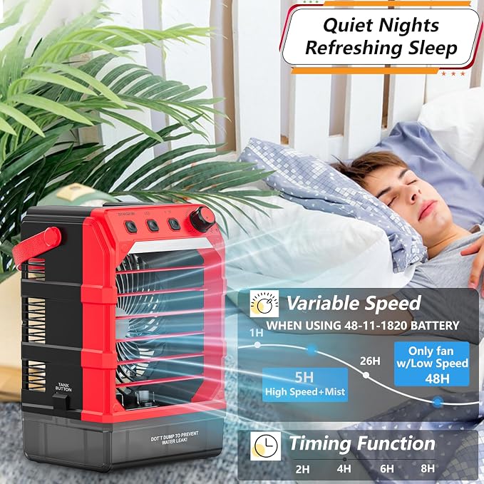 Portable Cooling Fan Compatible for 18V Battery(No Battery) w/USB Input Powered, Outdoor Camping Fan w/Mist, Timing