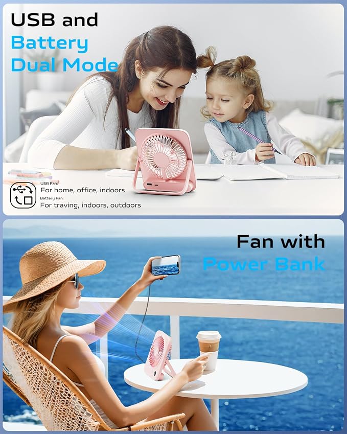 Portable Desk Fan 6.5 Inch, 4000mAh Rechargeable Battery Operated & USB Powered, 23Hrs Cordless Small Personal Fan 4-Speed
