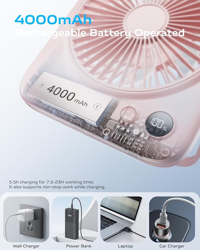 Portable Desk Fan 6.5 Inch, 4000mAh Rechargeable Battery Operated & USB Powered, 23Hrs Cordless Small Personal Fan 4-Speed