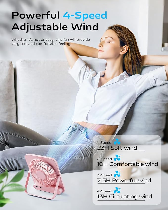 Portable Desk Fan 6.5 Inch, 4000mAh Rechargeable Battery Operated & USB Powered, 23Hrs Cordless Small Personal Fan 4-Speed
