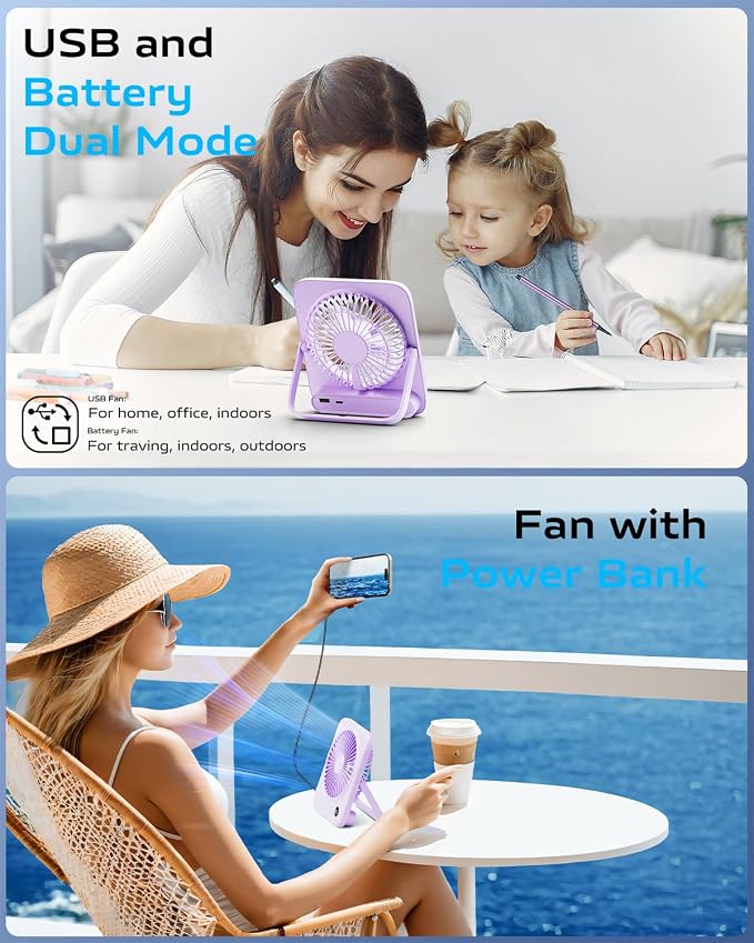 Portable Desk Fan 6.5 Inch, 4000mAh Rechargeable Battery Operated & USB Powered, 23Hrs Cordless Small Personal Fan 4-Speed