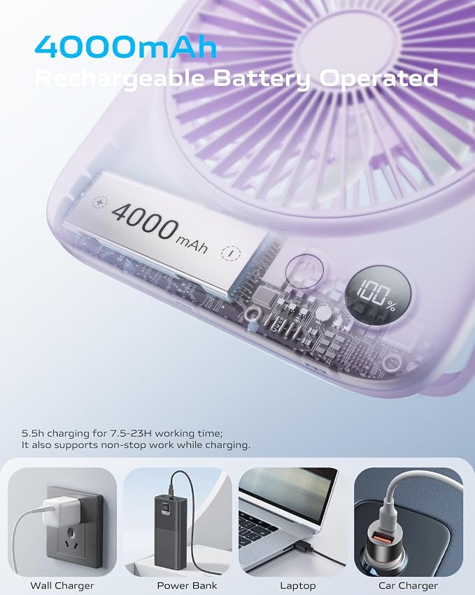 Portable Desk Fan 6.5 Inch, 4000mAh Rechargeable Battery Operated & USB Powered, 23Hrs Cordless Small Personal Fan 4-Speed