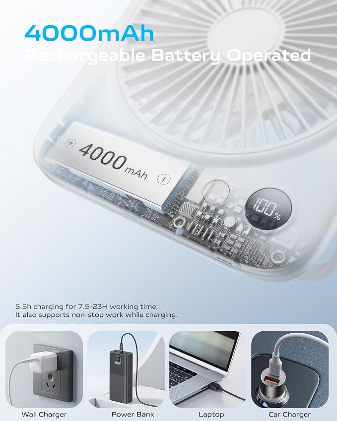Portable Desk Fan 6.5 Inch, 4000mAh Rechargeable Battery Operated & USB Powered, 23Hrs Cordless Small Personal Fan 4-Speed