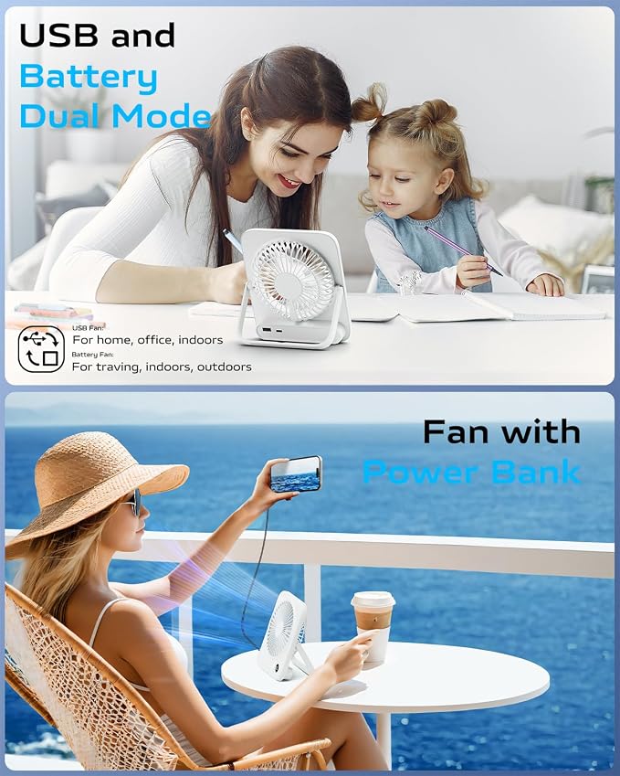 Portable Desk Fan 6.5 Inch, 4000mAh Rechargeable Battery Operated & USB Powered, 23Hrs Cordless Small Personal Fan 4-Speed