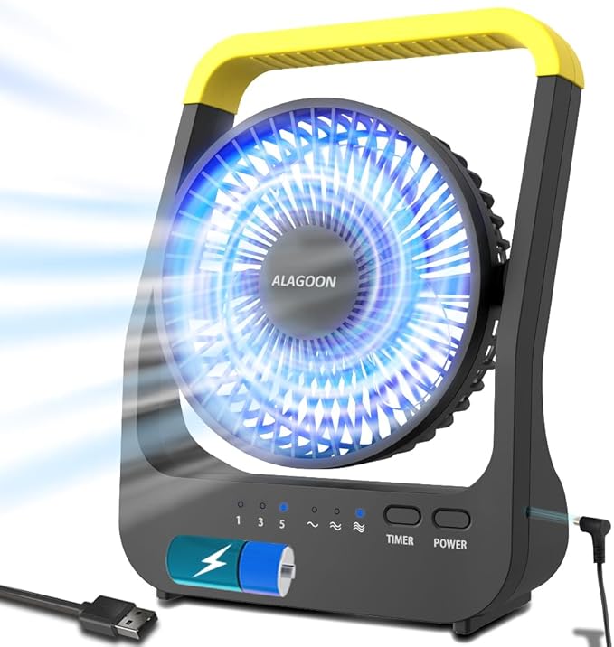 Portable Desk Fan, D Battery Operated Fan for Hurricane, Powered Fan by USB Cable 214H Long Lasting with Timer 6'' Portable