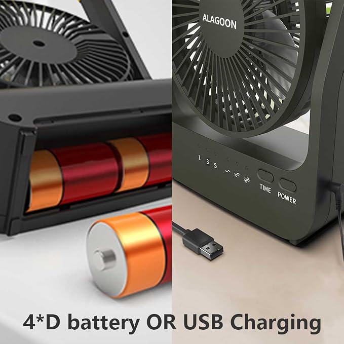 Portable Desk Fan, D Battery Operated Fan for Hurricane, Powered Fan by USB Cable 214H Long Lasting with Timer 6'' Portable