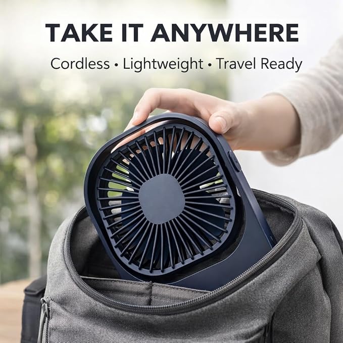 Portable Desk Fan,High-Capacity USB Rechargeable Cordless Small Fan with 360° Rotation, 3 Speeds Ultra Quiet Personal Fan for