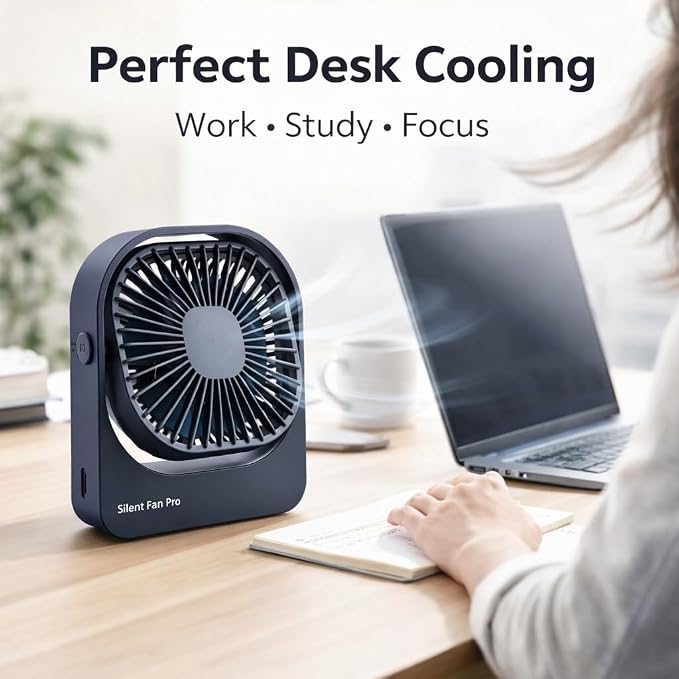 Portable Desk Fan,High-Capacity USB Rechargeable Cordless Small Fan with 360° Rotation, 3 Speeds Ultra Quiet Personal Fan for