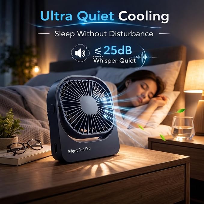 Portable Desk Fan,High-Capacity USB Rechargeable Cordless Small Fan with 360° Rotation, 3 Speeds Ultra Quiet Personal Fan for
