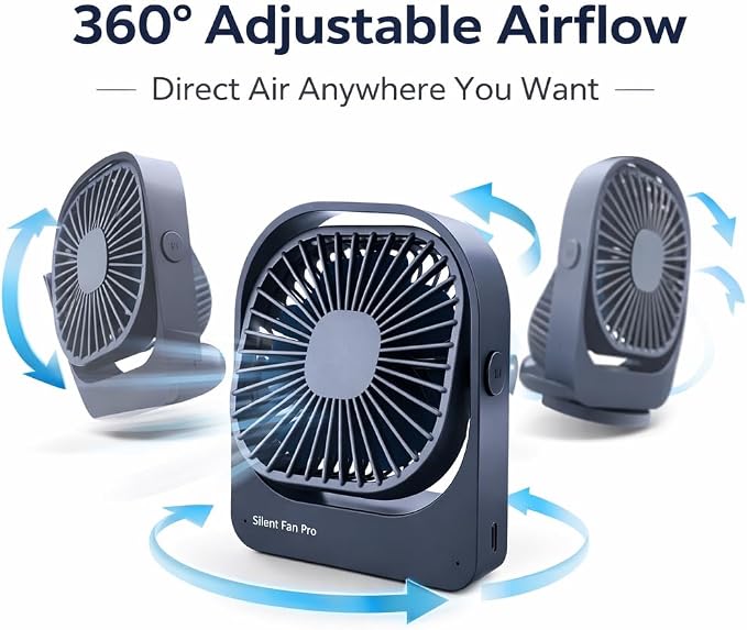Portable Desk Fan,High-Capacity USB Rechargeable Cordless Small Fan with 360° Rotation, 3 Speeds Ultra Quiet Personal Fan for