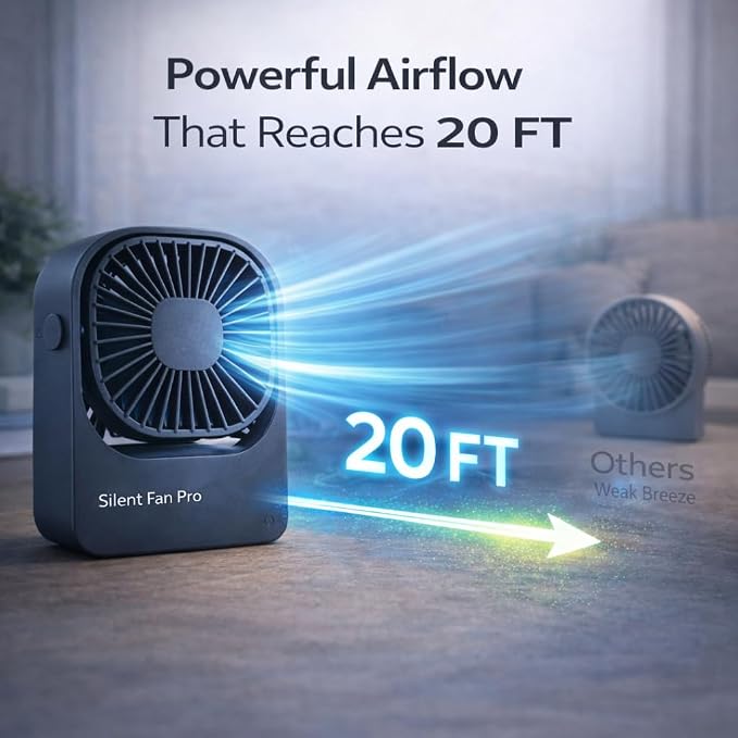 Portable Desk Fan,High-Capacity USB Rechargeable Cordless Small Fan with 360° Rotation, 3 Speeds Ultra Quiet Personal Fan for