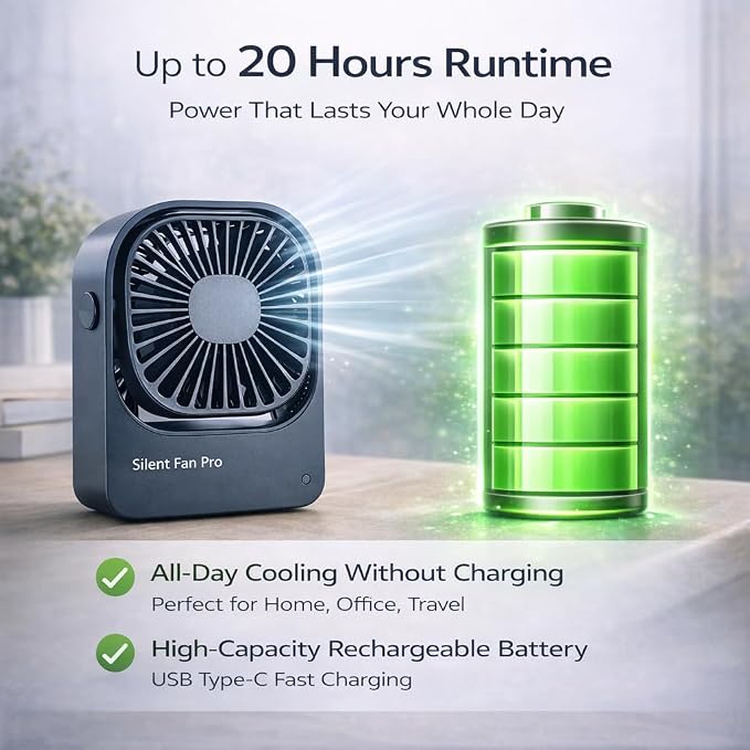 Portable Desk Fan,High-Capacity USB Rechargeable Cordless Small Fan with 360° Rotation, 3 Speeds Ultra Quiet Personal Fan for