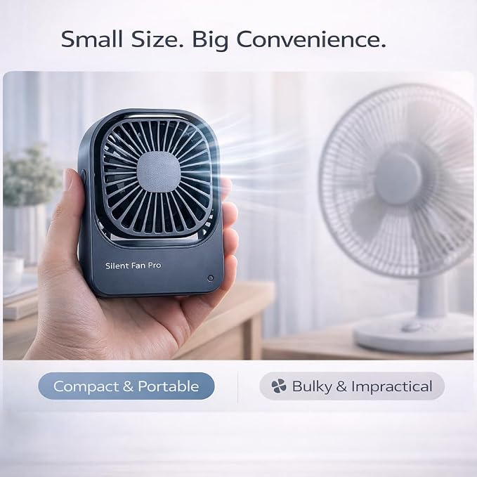 Portable Desk Fan,High-Capacity USB Rechargeable Cordless Small Fan with 360° Rotation, 3 Speeds Ultra Quiet Personal Fan for