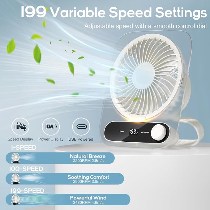 Portable Desk Fan - USB Rechargeable Small Personal Fan, Battery Operated with Variable Speeds, Ultra Quiet 180° Tilt