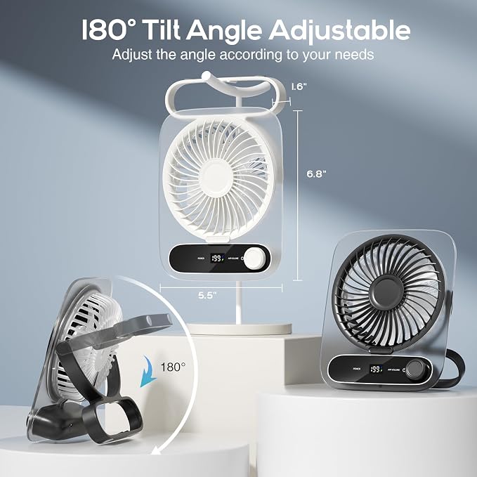 Portable Desk Fan - USB Rechargeable Small Personal Fan, Battery Operated with Variable Speeds, Ultra Quiet 180° Tilt