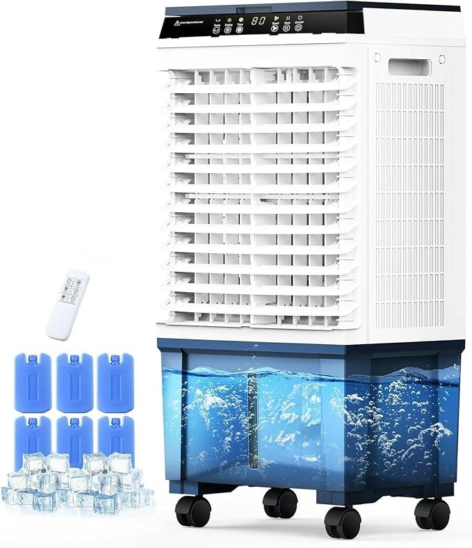Portable Evaporative Air Cooler, 1800 CFM Swamp Cooler with 6 Ice Box & 5.3 Gal Water Tank, 110° Swing, 3 Speeds, Upgraded