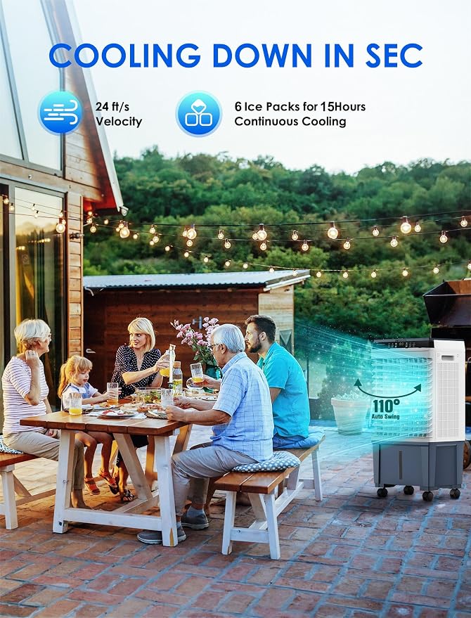 Portable Evaporative Air Cooler, 1800 CFM Swamp Cooler with 6 Ice Box & 5.3 Gal Water Tank, 110° Swing, 3 Speeds, Upgraded