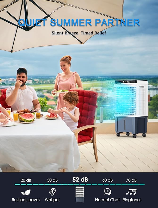 Portable Evaporative Air Cooler, 1800 CFM Swamp Cooler with 6 Ice Box & 5.3 Gal Water Tank, 110° Swing, 3 Speeds, Upgraded