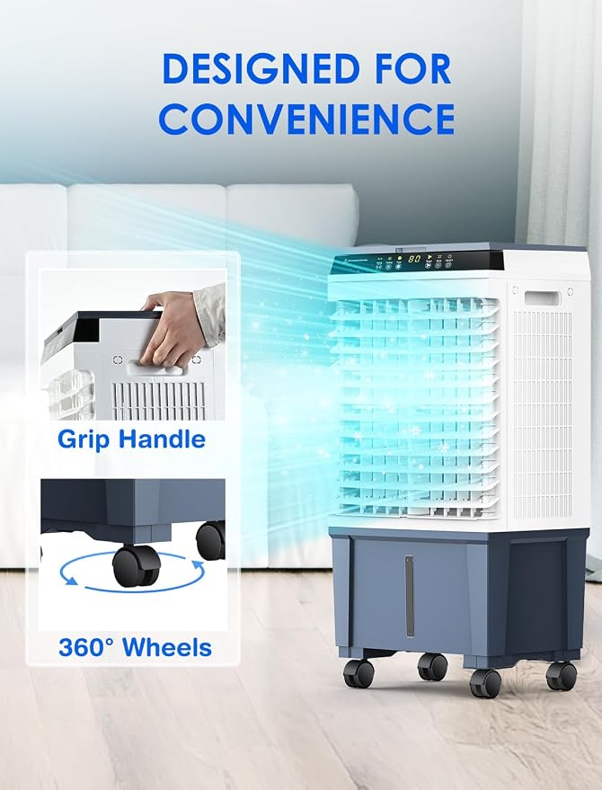 Portable Evaporative Air Cooler, 1800 CFM Swamp Cooler with 6 Ice Box & 5.3 Gal Water Tank, 110° Swing, 3 Speeds, Upgraded