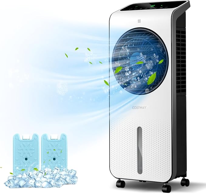 Portable Evaporative Air Cooler, 3-in-1 Swamp Cooler w/Remote Control, 360° Rotating Fan Blade, 3 Modes, 12H Timer, 2 Ice