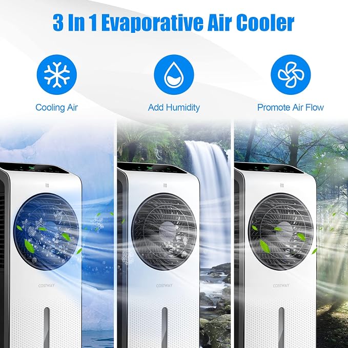 Portable Evaporative Air Cooler, 3-in-1 Swamp Cooler w/Remote Control, 360° Rotating Fan Blade, 3 Modes, 12H Timer, 2 Ice