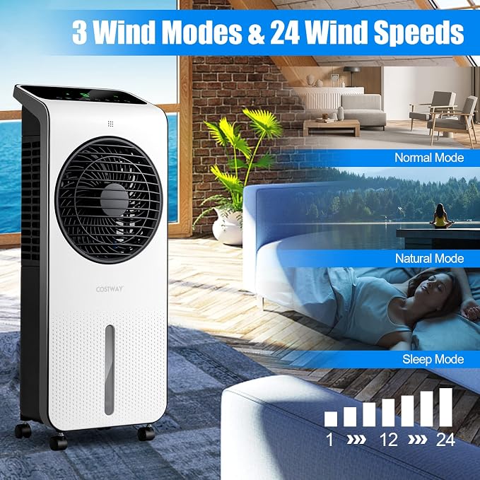 Portable Evaporative Air Cooler, 3-in-1 Swamp Cooler w/Remote Control, 360° Rotating Fan Blade, 3 Modes, 12H Timer, 2 Ice