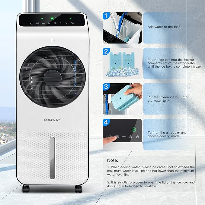 Portable Evaporative Air Cooler, 3-in-1 Swamp Cooler w/Remote Control, 360° Rotating Fan Blade, 3 Modes, 12H Timer, 2 Ice