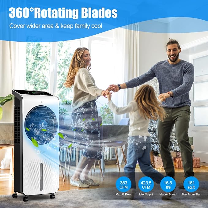 Portable Evaporative Air Cooler, 3-in-1 Swamp Cooler w/Remote Control, 360° Rotating Fan Blade, 3 Modes, 12H Timer, 2 Ice