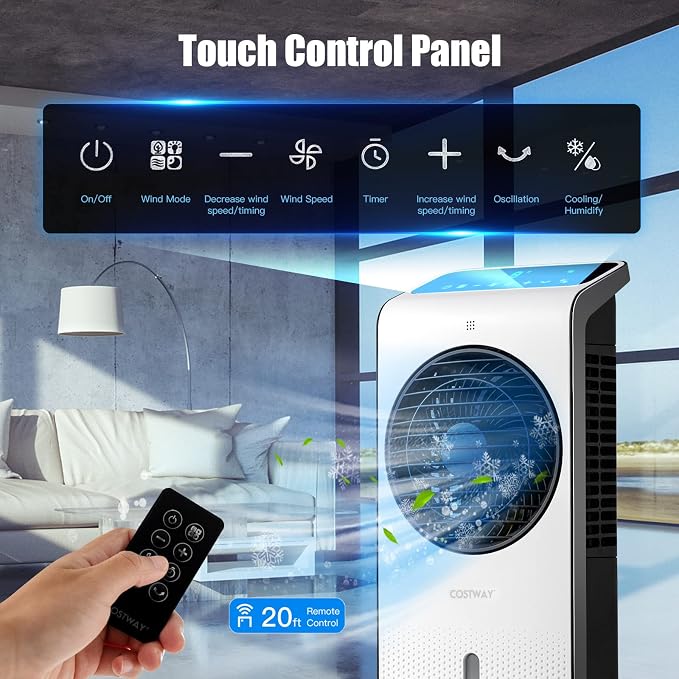 Portable Evaporative Air Cooler, 3-in-1 Swamp Cooler w/Remote Control, 360° Rotating Fan Blade, 3 Modes, 12H Timer, 2 Ice