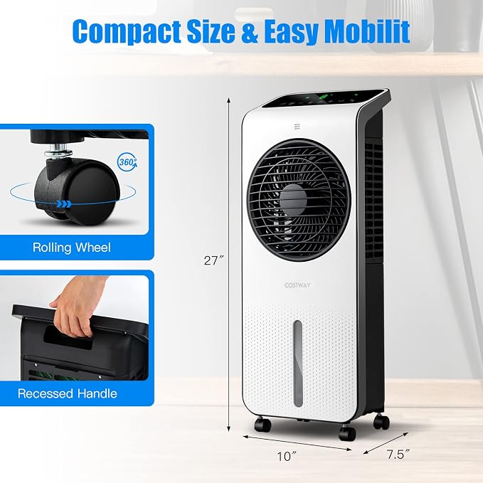 Portable Evaporative Air Cooler, 3-in-1 Swamp Cooler w/Remote Control, 360° Rotating Fan Blade, 3 Modes, 12H Timer, 2 Ice