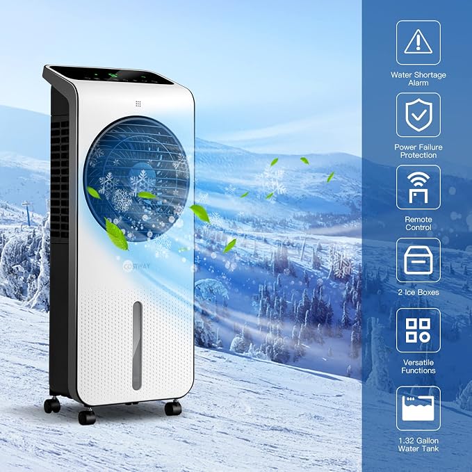 Portable Evaporative Air Cooler, 3-in-1 Swamp Cooler w/Remote Control, 360° Rotating Fan Blade, 3 Modes, 12H Timer, 2 Ice