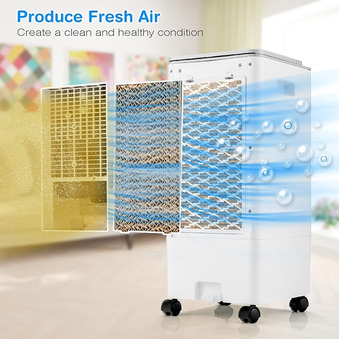Portable Evaporative Air Cooler, 3 in 1 Swamp Cooler with Remote Control, 7H Timer, 3 Wind Speeds, 3 Modes, 4 Ice Boxes