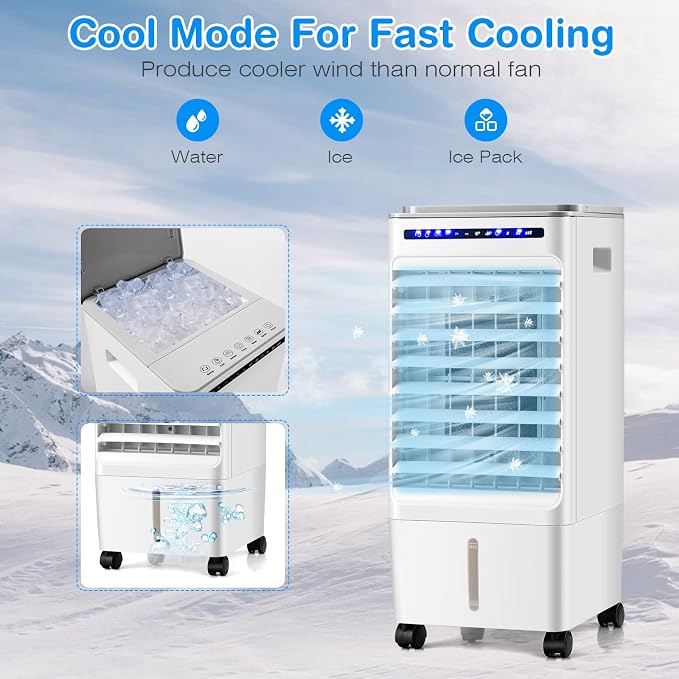 Portable Evaporative Air Cooler, 3 in 1 Swamp Cooler with Remote Control, 7H Timer, 3 Wind Speeds, 3 Modes, 4 Ice Boxes