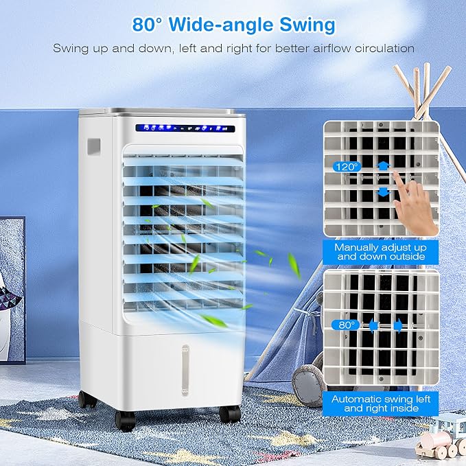 Portable Evaporative Air Cooler, 3 in 1 Swamp Cooler with Remote Control, 7H Timer, 3 Wind Speeds, 3 Modes, 4 Ice Boxes
