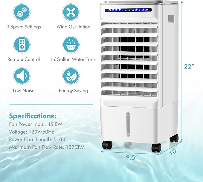 Portable Evaporative Air Cooler, 3 in 1 Swamp Cooler with Remote Control, 7H Timer, 3 Wind Speeds, 3 Modes, 4 Ice Boxes