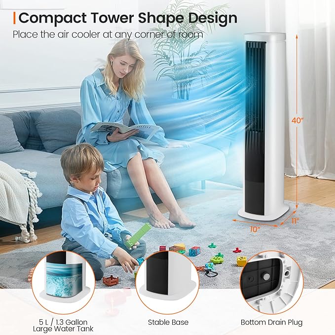 Portable Evaporative Air Cooler for Room, 40-Inch Bladeless Cooling Tower Cooler with Remote Control, 4 Ice, alternate view 2